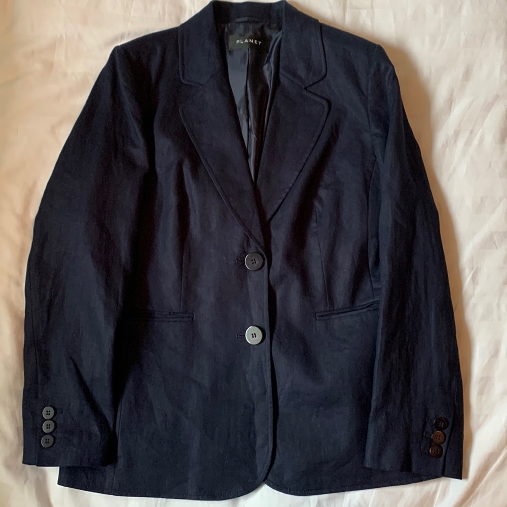 Planet British deep blue linen peaked collar lined 2 button blazer EUC